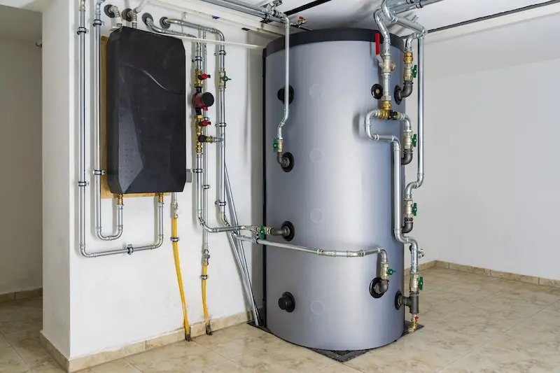 Heizungsraum mit neuem Warmwasser-Boiler und frisch verlegten Rohren an der Wand